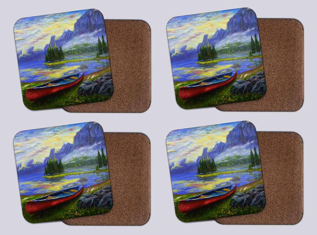 Coasters with Cork # 20 "Maligne Lake (red Boat)"